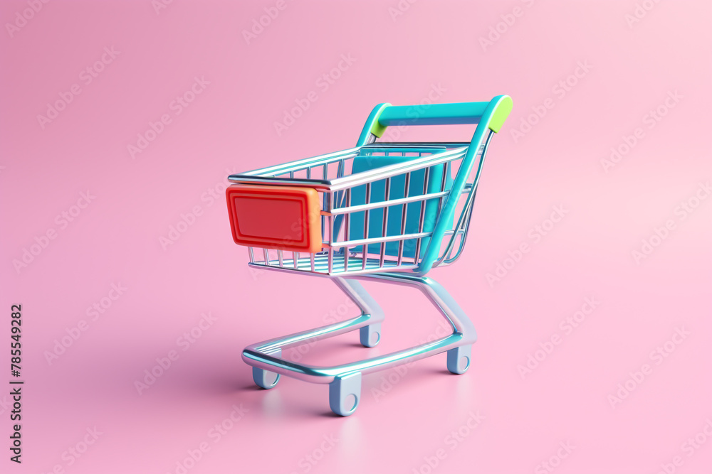 3D empty Shopping cart on a soft pink background. Online shopping e-commerce concept. Generative AI. 