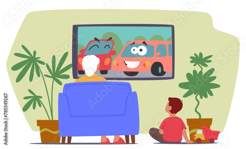Granny And Boy Enjoy Cartoons Together At Home, Laughing At Colorful Characters And Sharing Joy, Vector Illustration