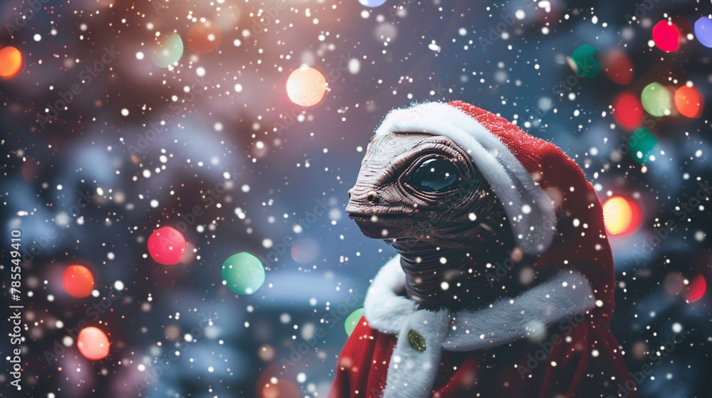 Cinematic photo of a friendly extraterrestrial in a Santa costume, standing amidst a wintry cityscape blanketed in snow, with colorful lights twinkling in the background 01
