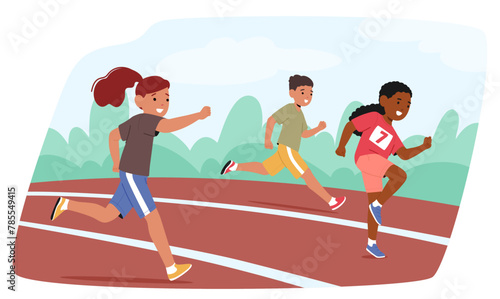 Children Characters Race Joyfully On The Stadium Track, Their Vibrant Energy Fueling A Thrilling Competition Of Speed
