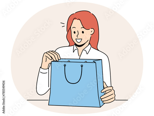Smiling woman unpack bag with present or gift. Happy girl open shopping bag with order excited with delivery. Consumerism and shopaholic. Vector illustration.