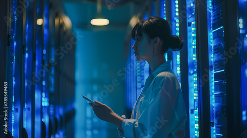 person in server room standing and facing the servers, the server room with blue lighting and rows of installations on both sides photo