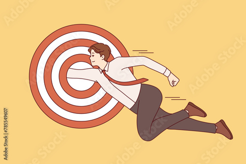Super businessman flies into target with precision, completing assigned task and achieving important goal. Successful guy flying in superhero pose, easily achieves difficult goal when building career