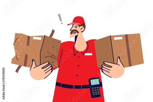 Clumsy courier damaged and dented one of boxes while delivering or moving parcel