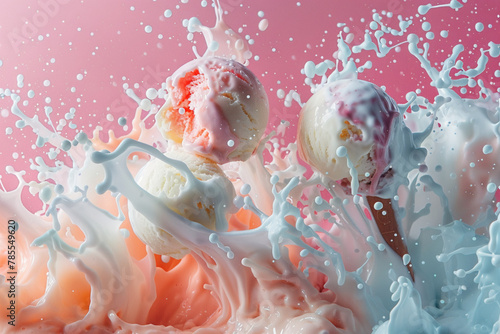 Generate an abstract explosion of ice cream scoops, with each scoop morphing into whimsical shapes and patterns