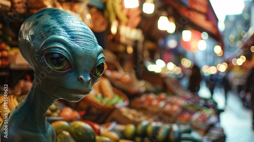 Cinematic moment of a curious alien exploring the vibrant stalls of Borough Market in London, with fresh produce and delicious treats softly blurred in the background 02 photo