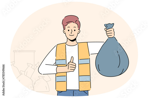 Garbage collector holding plastic bag with waste in hands show thumb up. Smiling male cleaner with bag of wastage and disposal. Occupation concept. Vector illustration.