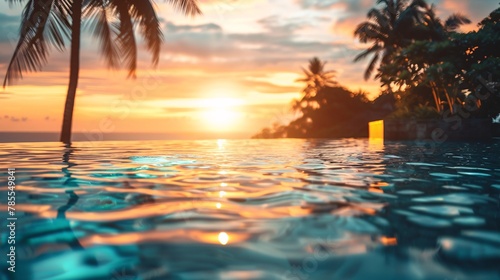 Blurred perspective of a luxurious hotel pool with a view of a stunning beach at sunset, nobody around 01