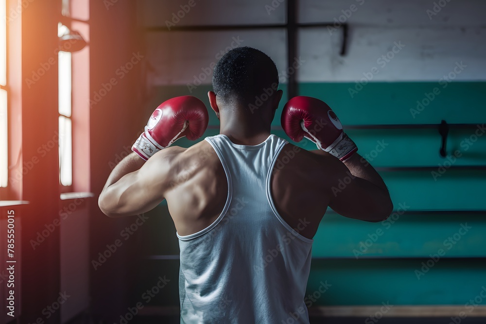 view Back view of boxer training in old gym, capturing the essence of dedication and endurance view Back view of boxer training in old gym, capturing the essence of dedication and endurance