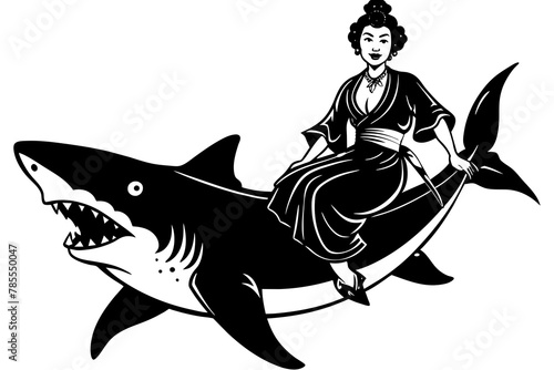 geisha riding a shark with blood silhouette vector illustration