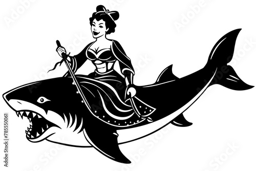 geisha riding a shark with blood silhouette vector illustration