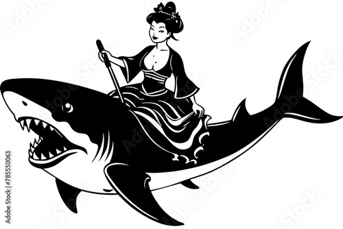 geisha riding a shark with blood silhouette vector illustration