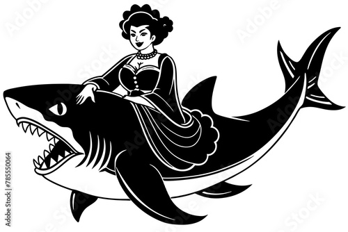 geisha riding a shark with blood silhouette vector illustration
