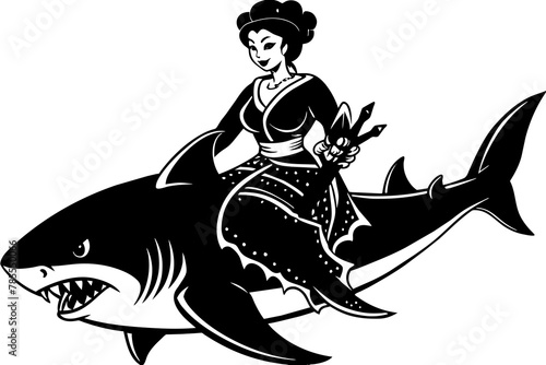 geisha riding a shark with blood silhouette vector illustration
