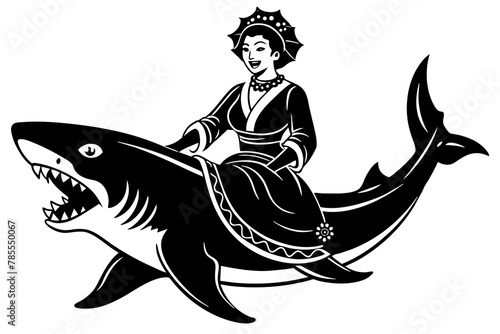 geisha riding a shark with blood silhouette vector illustration