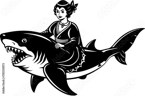 geisha riding a shark with blood silhouette vector illustration