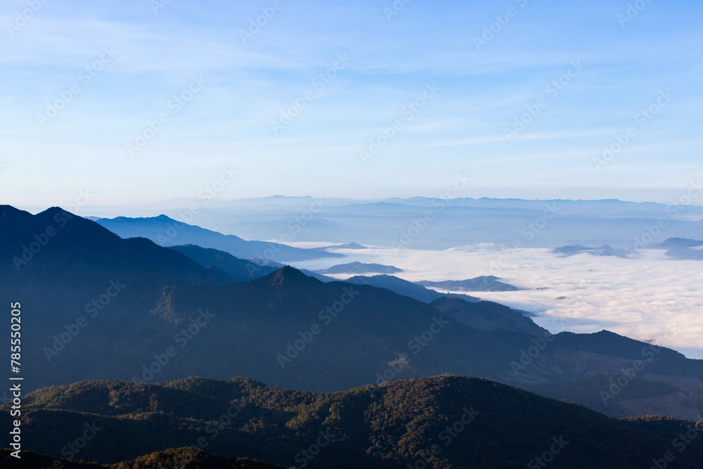 North Thailand mountain landscape. View from Doi Inthanon mountain. Mountains and cloud sea. Early morning and the sea of mist.