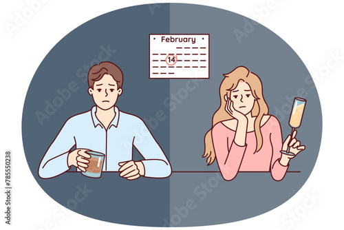 Man and woman celebrate February 14 alone due to absence of second half. Unhappy guy and girl are sad sitting at table because of separation on Valentine Day