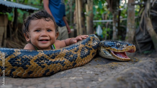 A smiling baby on the back of an anaconda in Amazonia 04 © Maelgoa