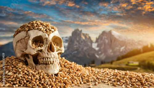 Skull, food, wheat, grain, deforestation, food insufficiency cereal, dry, food challenges, brown, seeds, raw, agriculture, crops food, ,skull in the desert, background, wallpaper photo
