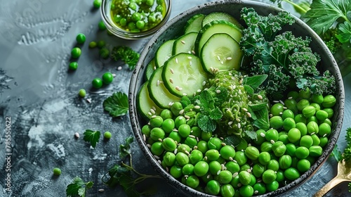  A bowl of peas, cucumber slices, broccoli florets, and parsley nearby, accompanied by a glass of water