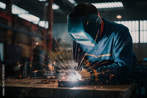 Welding workshop close up with sparks flying, showcasing industrial manufacturing process photo