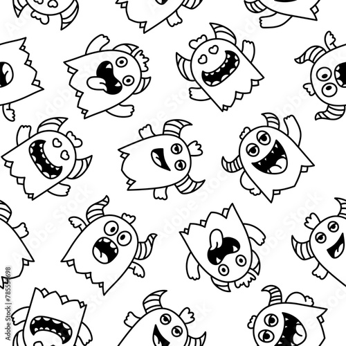 Cute kawaii monster. Seamless pattern. Coloring Page. Cartoon scary funny Halloween character. Hand drawn style. Vector drawing. Design ornaments. © palau83