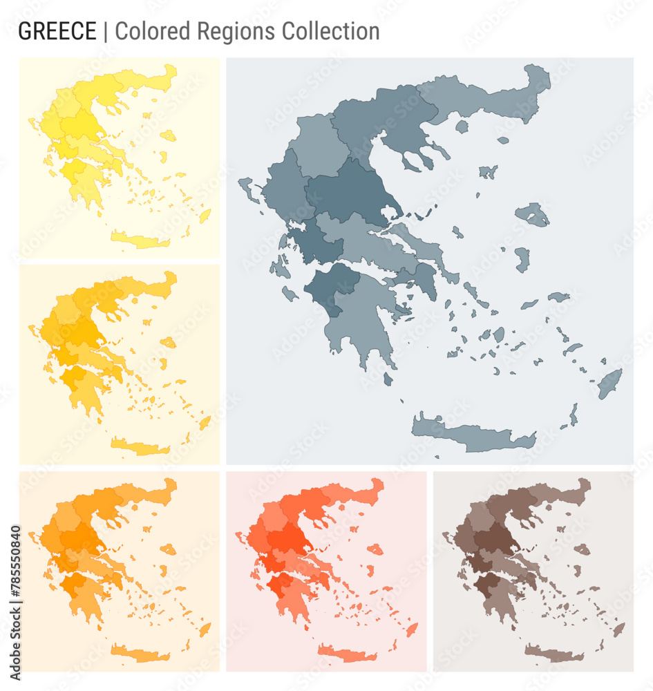 Greece map collection. Country shape with colored regions. Blue Grey, Yellow, Amber, Orange, Deep Orange, Brown color palettes. Border of Greece with provinces for your infographic.
