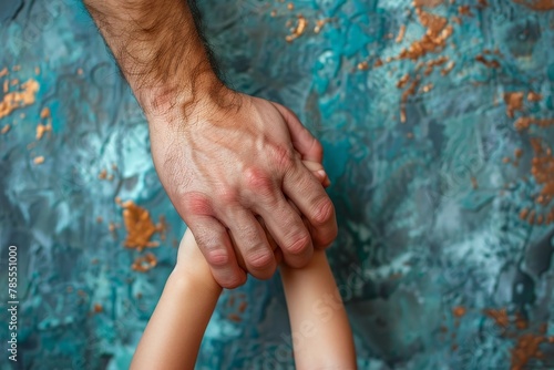 Adult's firm grip on child's hand, textured turquoise photo