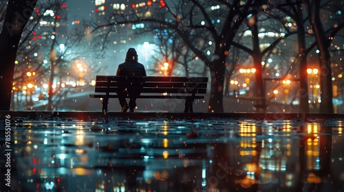 A solitary figure sitting on a park bench in the rain, surrounded by glistening city lights reflected on wet pavement,