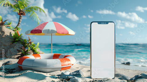 Smartphone with white screen and lifebuoy on the beach