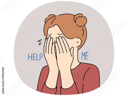 Unhappy little girl cry ask for help. Help me words on child hands. Concept of domestic violence and children abuse. Vector illustration.