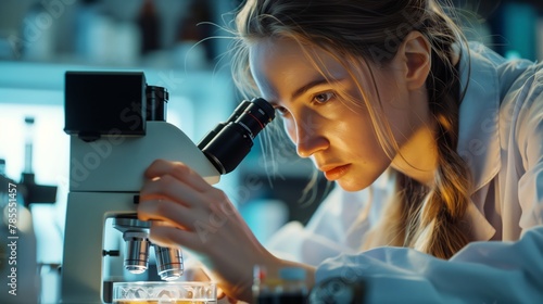 Beautiful blonde female scientist, intently studying  under a microscope in her lab