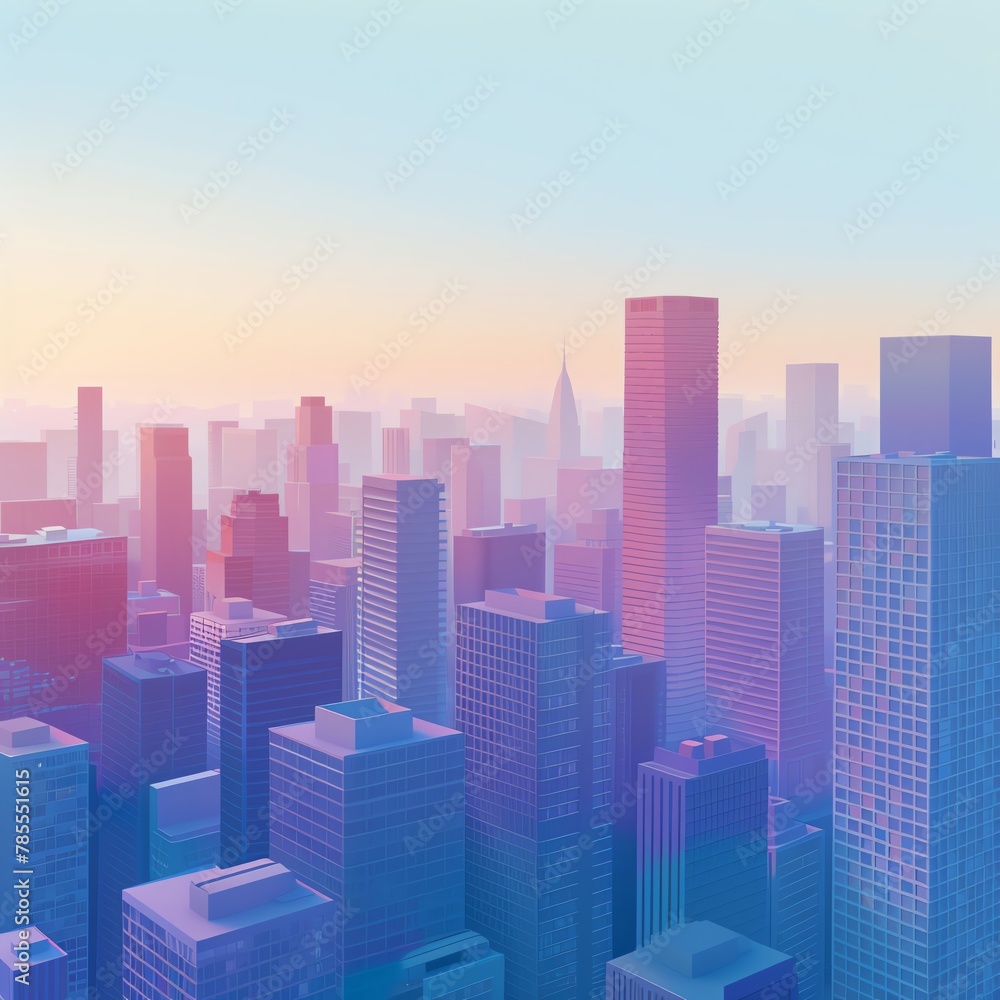 Abstract financial district from above, minimalist art style, clear dawn, large blank sky for text.
