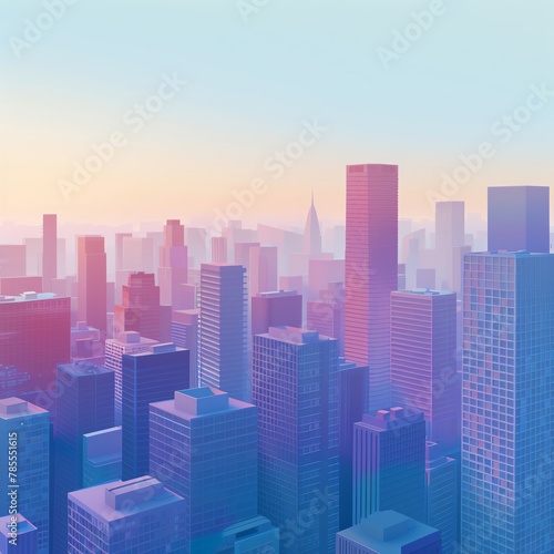 Abstract financial district from above  minimalist art style  clear dawn  large blank sky for text.
