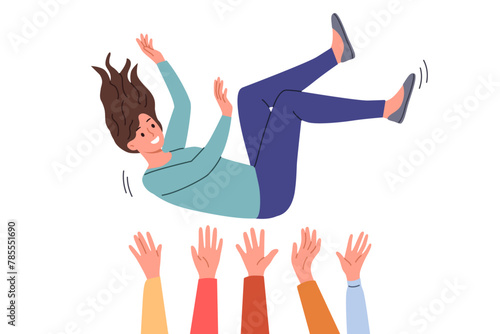 Celebrating and throwing up woman during birthday party or celebration for university students. Honoring idol from fans who meet favorite singer or movie actress, starred in blockbuster