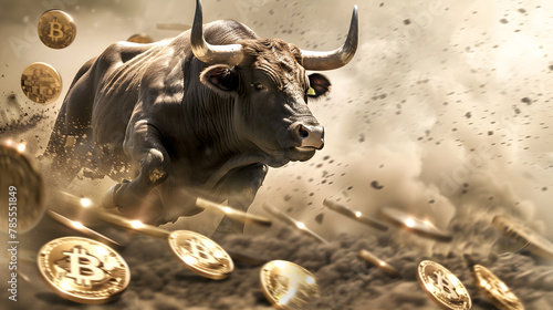 Bull with golden coins and smoke in the background