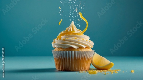Tasty delicious lemon cream cupcake with lemon zest on light blue background. Beautiful sweet pastry bakery dessert food meal photography illustration wallpaper concept.