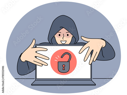 Hacker in hood touching open laptop with padlock symbol on screen steal secure information. Concept of cybersecurity and password and data leakage. Vector illustration.