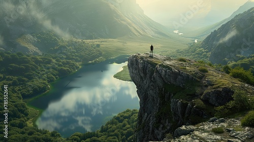 A solitary figure standing at the edge of a cliff, overlooking a serene lake nestled in a lush valley below,