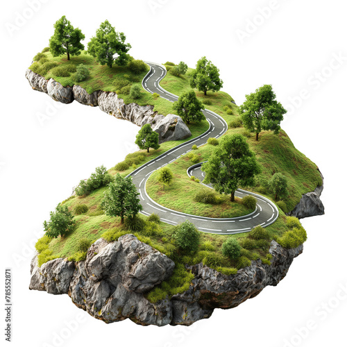 3D piece of green island with highway road isolated on transparent background.