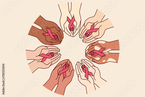 Red ribbons symbolizing fight against AIDS and HIV infection, in hands of various people. Concept importance of timely diagnosis of AIDS for successful treatment and rehabilitation of patients