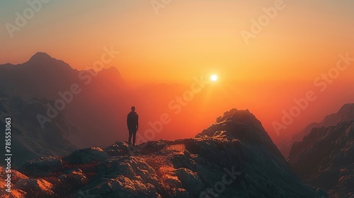 A solitary traveler trekking through a rugged mountain landscape, their silhouette against the setting sun,