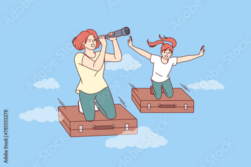 Travel of two women fantasizing about going on vacation by plane, flying on old suitcases in sky. Dream of travel by mother with telescope and daughter imagining beginning of summer weekend