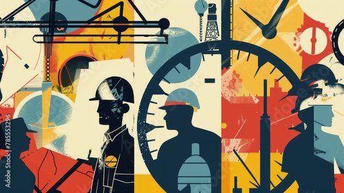 poster featuring iconic symbols for labor rights achievements like a eight-hour day, a minimum wage and a workplace safety