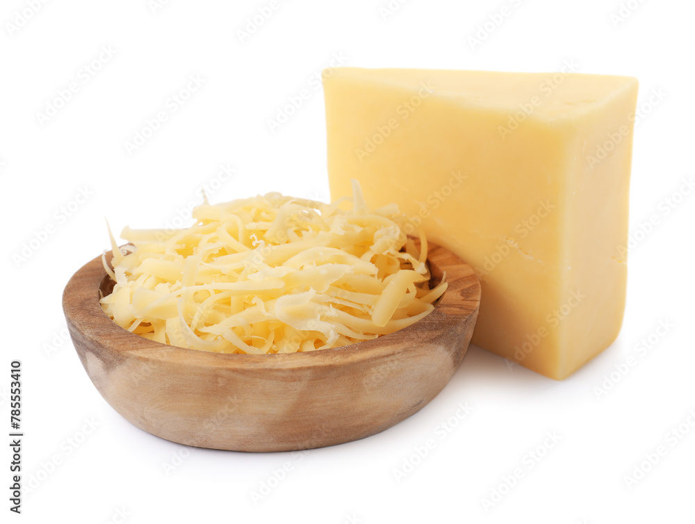 Grated cheese in bowl and piece of one isolated on white Grated cheese in bowl and piece of one isolated on white
