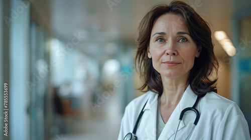 Portrait of a female middle-aged doctor at the hospital with ample copy space © maicasaa