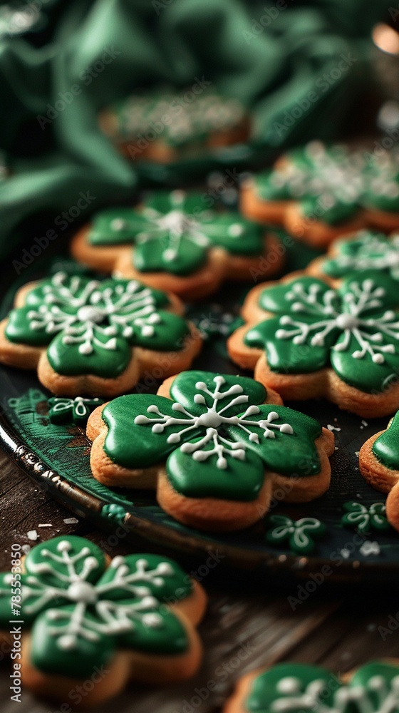 Green clovershaped cookies, closeup for St Patricks, lots on a thematic Irish background  , 8K , high-resolution, ultra HD,up32K HD