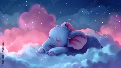 Cute baby and elephant on cloud, comic style, sleeping peacefully, pink and blue, new baby card  , 8K , high-resolution, ultra HD,up32K HD