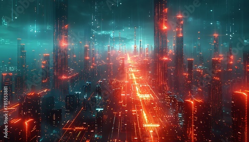 Vibrant cyber city artwork, Glowing data streams weave through sleek skyscrapers, depicting a futuristic society interconnectedness